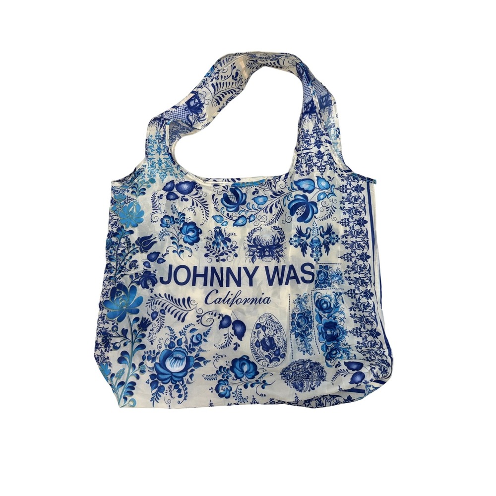 Johnny Was Blue White Floral Reusable Tote Bag Packable Boho Shopping Bag